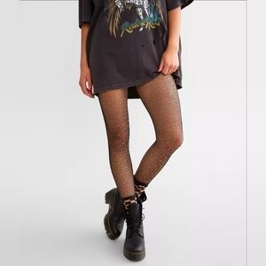 NWT Free People Black Fishnet Glitter Tights Bedazzled Beaded
